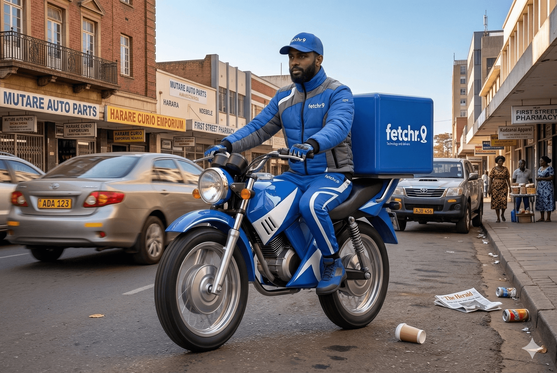 Fetchr courier on motorcycle in Harare streets